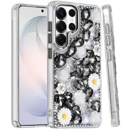 Kitcheniva - 3D Floral Rhinestone Jewel Case With Tempered Glass For Samsung S26 Ultra - Black