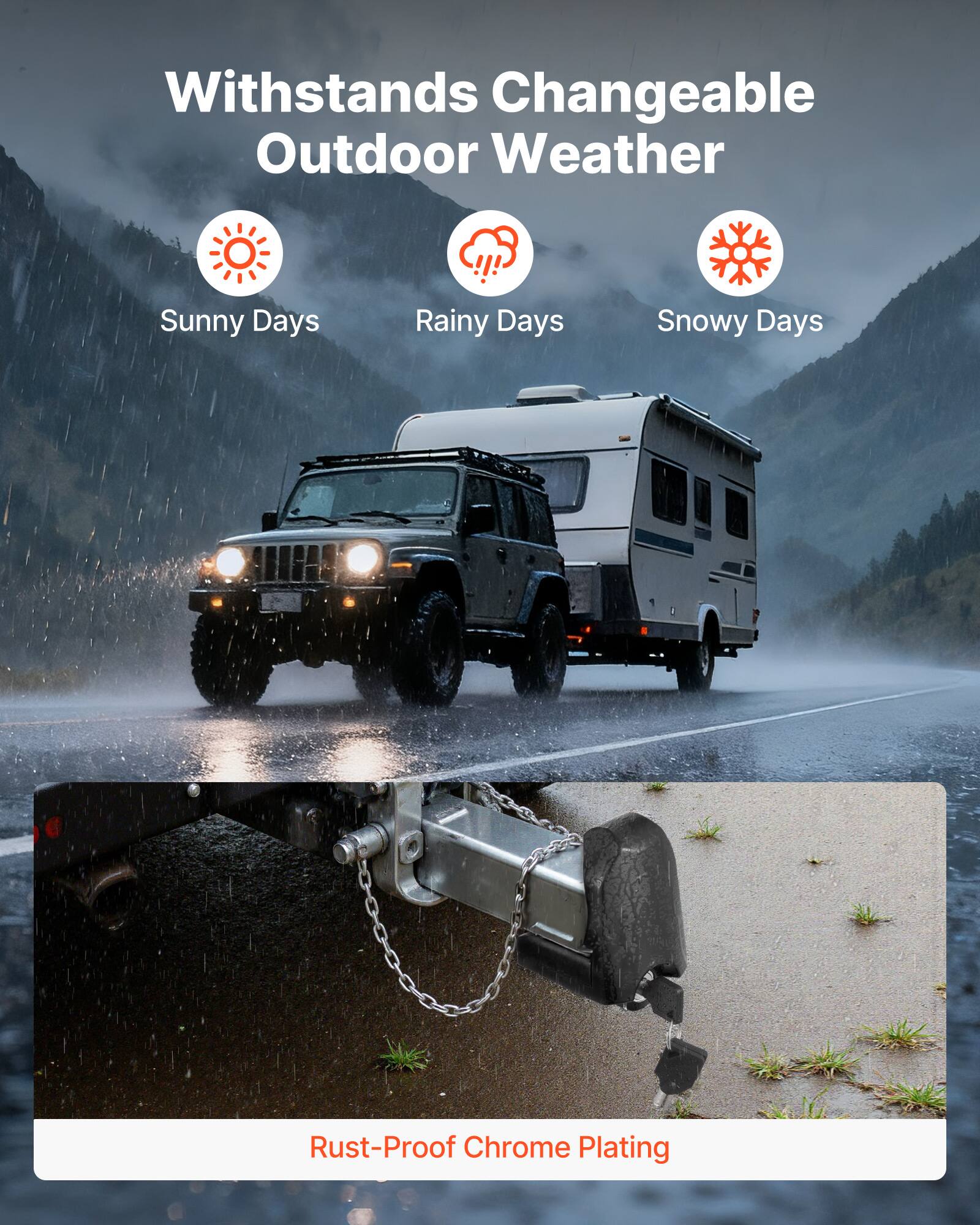 Withstands Changeable Outdoor Weather  
- Sunny Days  
- Rainy Days  
- Snowy Days  

Rust-Proof Chrome Plating