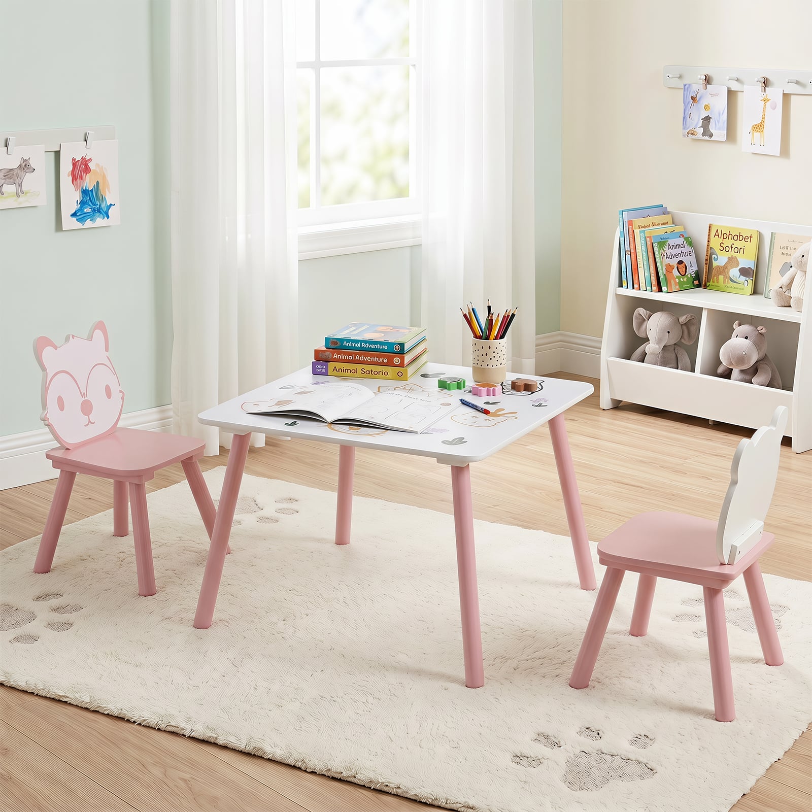Costway - 3 Pieces Kids Table and Chairs Set with Animal Patterns, Wood Legs, Rounded Corners - Pink + White price history on PriceWatchPro
