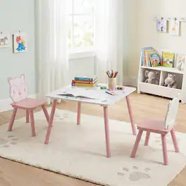 Costway - 3 Pieces Kids Table and Chairs Set with Animal Patterns, Wood Legs, Rounded Corners - Pink + White