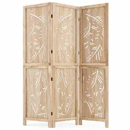 Costway - 3-Panel Wooden Room Divider Privacy Screen with Palm Leaf Design Panels for Home - Natural