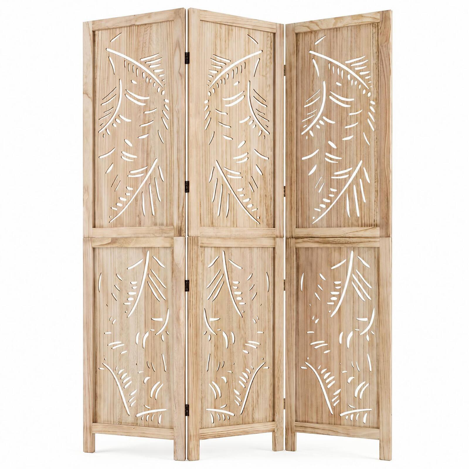 Costway 3 Panel Wooden Room Divider Privacy Screen with Palm Leaf ...