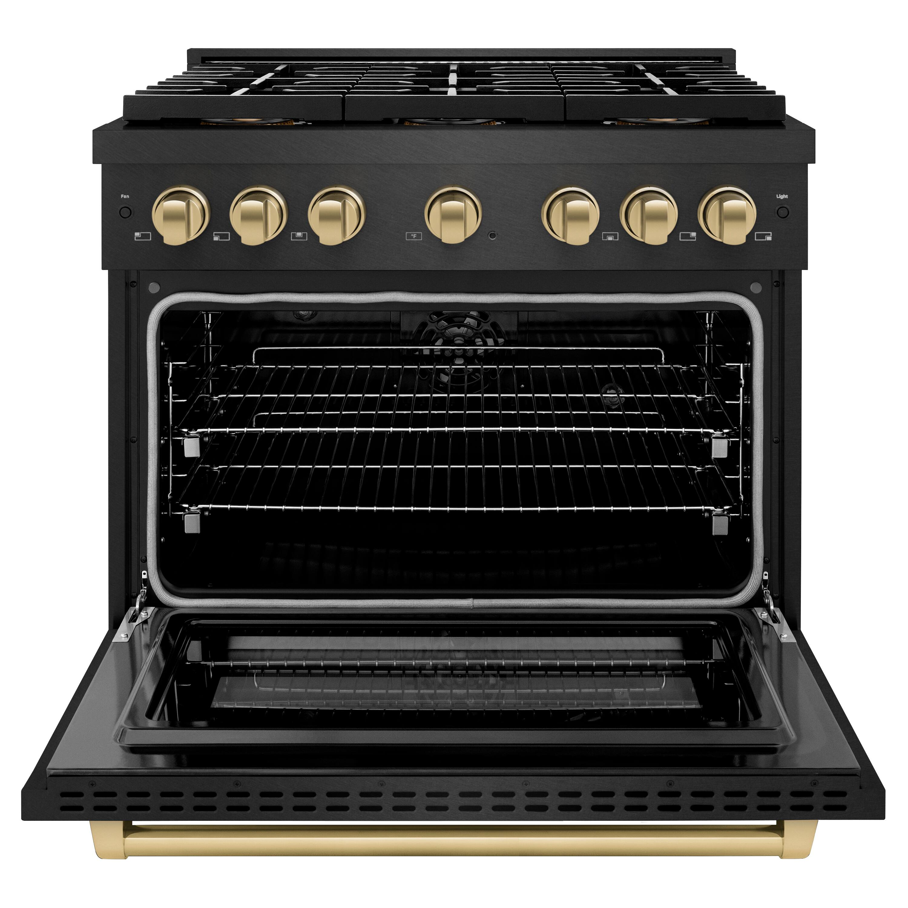 Angle. ZLINE - ZLINE Autograph 36 in. 5.2 cu. ft. Freestanding Paramount DuoPro Dual Fuel Range in Black Satin Steel and Bronze Accents - Black Satin Stainless Steel.