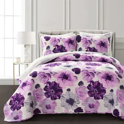 Front. Hivvago - Full/Queen Purple Grey Flowers Lightweight Polyester Microfiber Quilt Set - Purple,Grey.