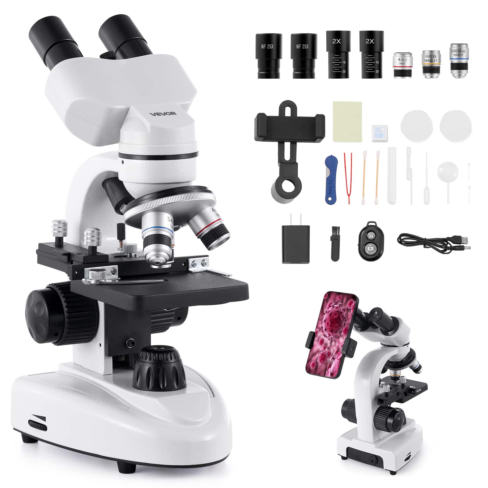 VEVOR - Compound Binocular Microscope, 40-2000X Magnification, Professional Compound Microscope for Adult with Phone Adapter - White