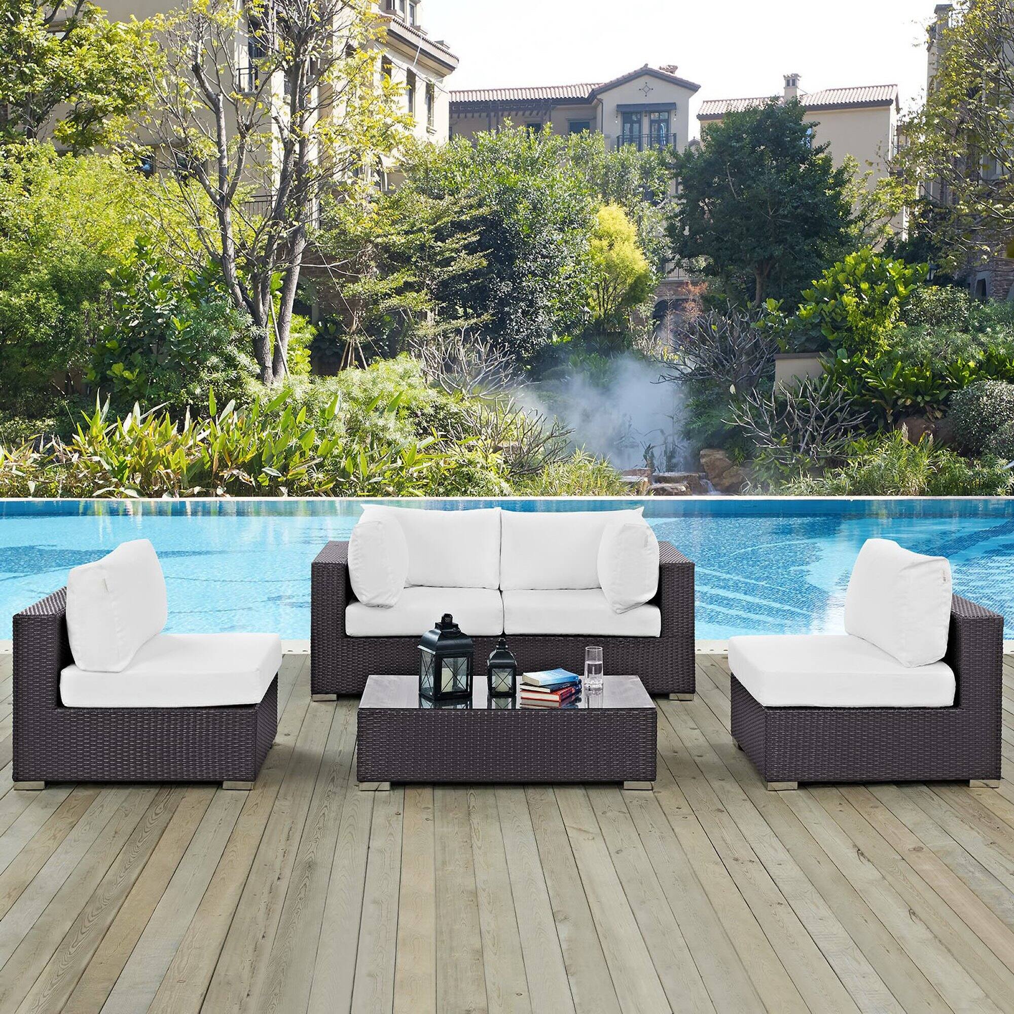 Alt View 4. Modway - Convene 5-Piece Outdoor Patio Sectional Set with Cushioned Seats and Armrests - Espresso White.