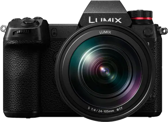 Front. Panasonic - LUMIX S1 Mirrorless Full-Frame 4K Photo Digital Camera with 24-105mm F4 L-Mount Lens - Black.