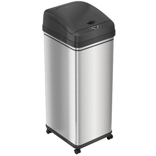 Angle View: iTouchless - 13 Gallon Touchless Sensor Trash Can with Wheels and AbsorbX Odor Control System, Stainless Steel Automatic Kitchen Bin - Black/Silver