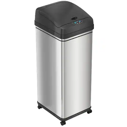 Angle. iTouchless - 13 Gallon Touchless Sensor Trash Can with Wheels and AbsorbX Odor Control System, Stainless Steel Automatic Kitchen Bin - Black/Silver.