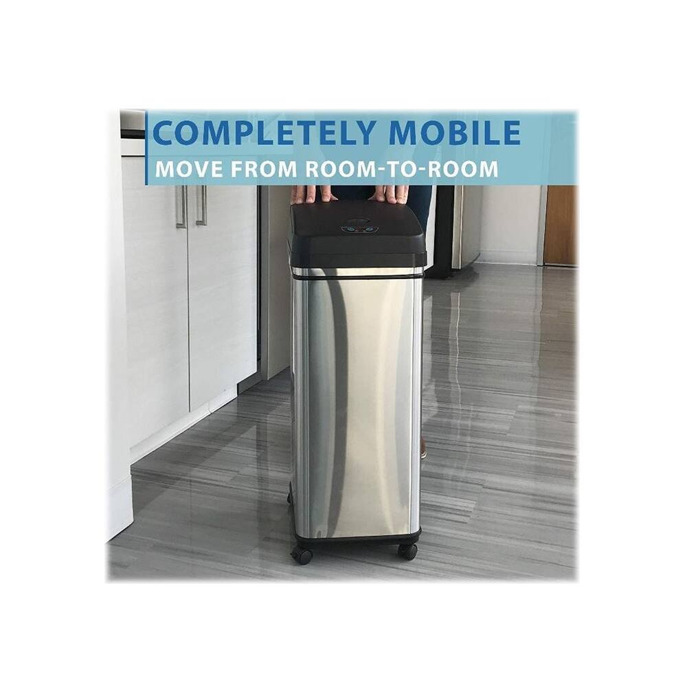 Left. iTouchless - 13 Gallon Touchless Sensor Trash Can with Wheels and AbsorbX Odor Control System, Stainless Steel Automatic Kitchen Bin - Black/Silver.