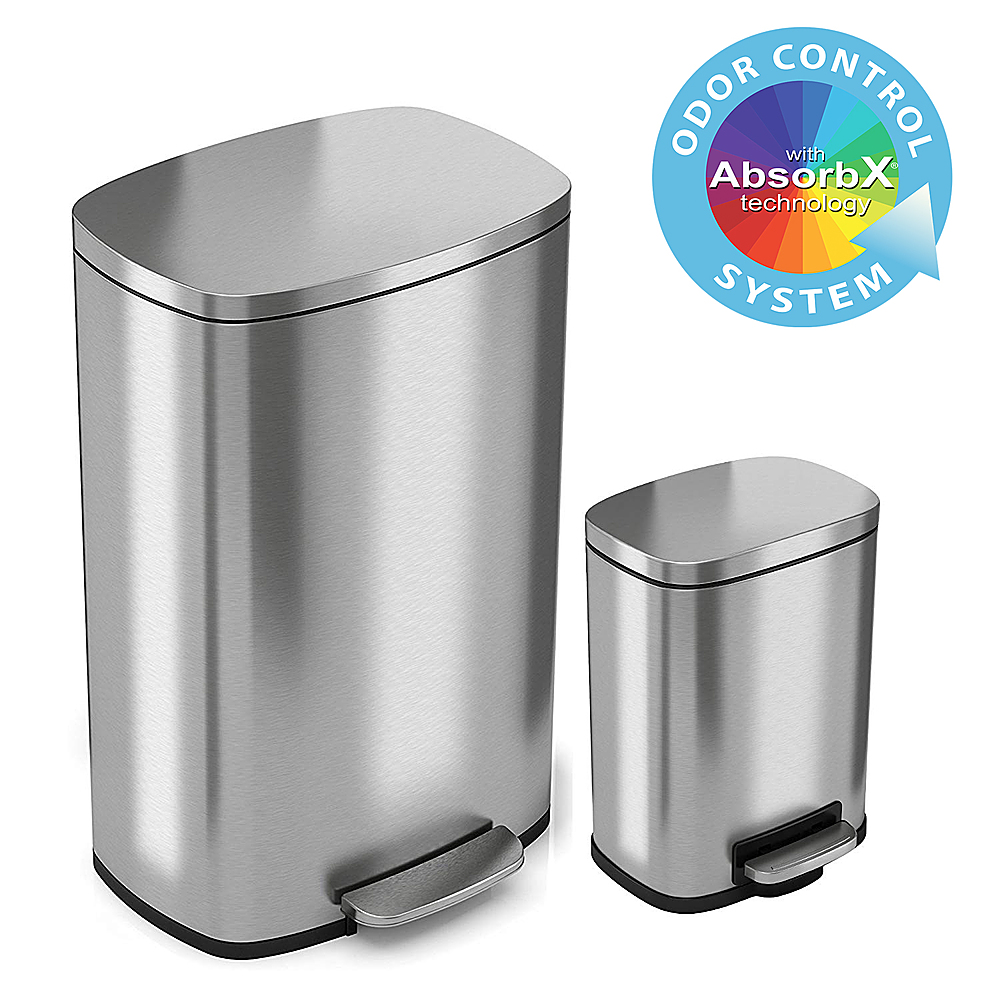 Angle View: iTouchless - SoftStep Combo Pack 13.2 Gal & 1.32 Gal Step Trash Can with AbsorbX Odor Filter & Inner Bucket, Stainless Steel - Silver