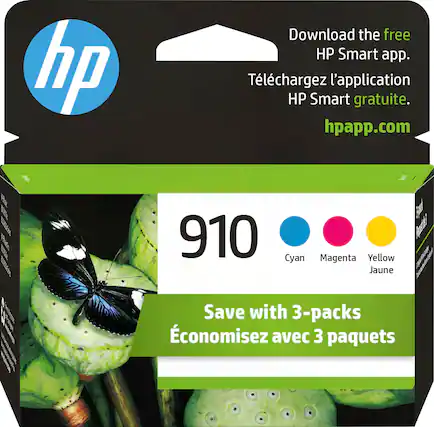 Front. HP - 910 3-Pack Standard Capacity Ink Cartridges - Cyan/Magenta/Yellow.