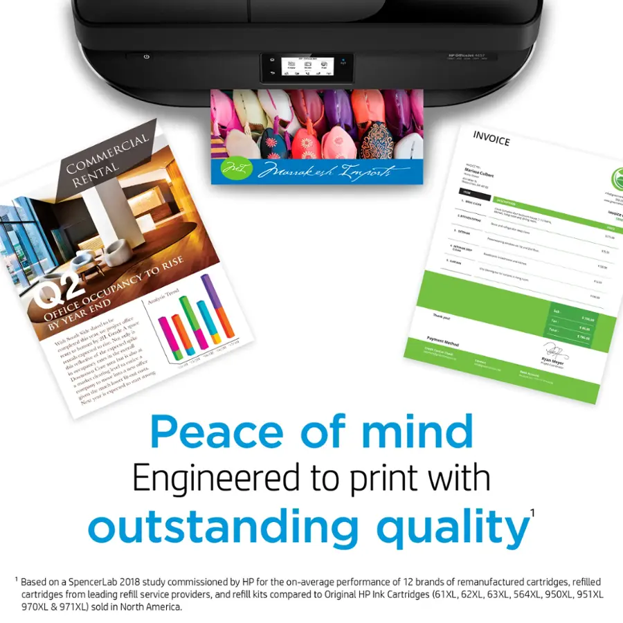 The image features a printer and various printed materials, including an invoice, a commercial rental agreement, and a brochure. The printer is positioned on the left side of the image, while the invoice is located in the middle, and the commercial rental agreement is on the right side. The brochure is placed at the bottom of the image. The scene suggests that the printer is being used for business purposes, such as printing contracts and promotional materials.