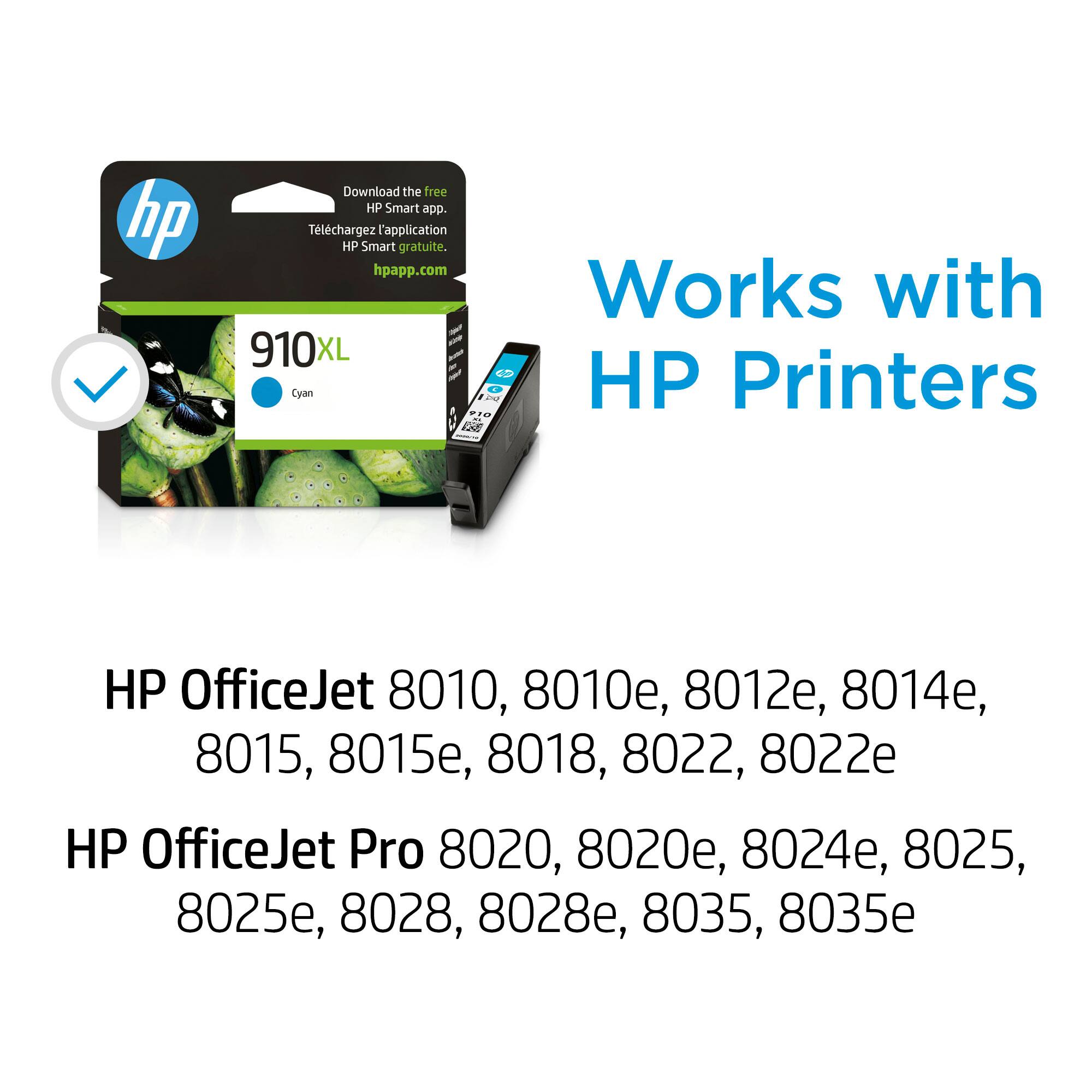 The image features a box of HP printer ink cartridges, specifically the 910XL model. The box is open, revealing the ink cartridges inside. The text on the image highlights that the printer works with various HP printer models, such as the HP OfficeJet 8010, 8010e, 8012e, 8014e, 8015, 8015e, 8018, 8022, 8022e, HP OfficeJet Pro 8020, 8020e, 8024e, 8025, 8025e, 8028, 8028e, 8035, and 8035e. The image also includes a download link for the HP Smart app, which can be used to manage and monitor the printer's performance.