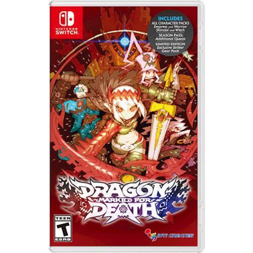 The image features a Nintendo Switch game called "Dragon Marked for Death." The game includes all character packs, such as Emorens, Warrior, Shinobi, and Witch, as well as a season pass. The game is a limited edition exclusive, featuring a Steelbook case. The game is rated Teen. - T (Teen 13+)