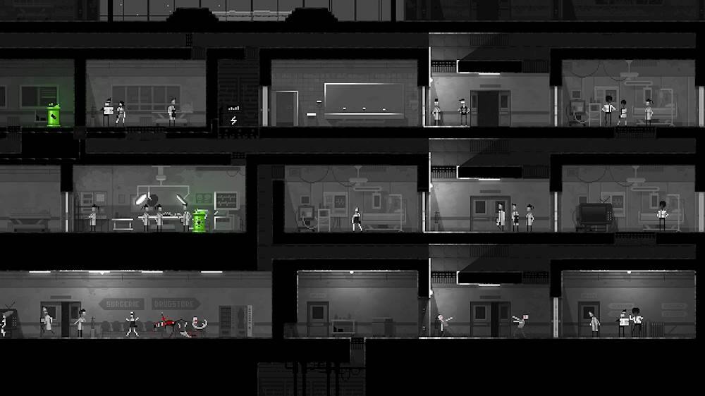 The image shows a large building with several floors, each containing a different room. The rooms are filled with people, and some of them are playing video games. There are at least five people visible in the image, with one person standing near the top left corner, another person in the middle left, and three people on the right side of the building. The people are engaged in various activities, and the building appears to be a multi-purpose space with different rooms for different purposes.