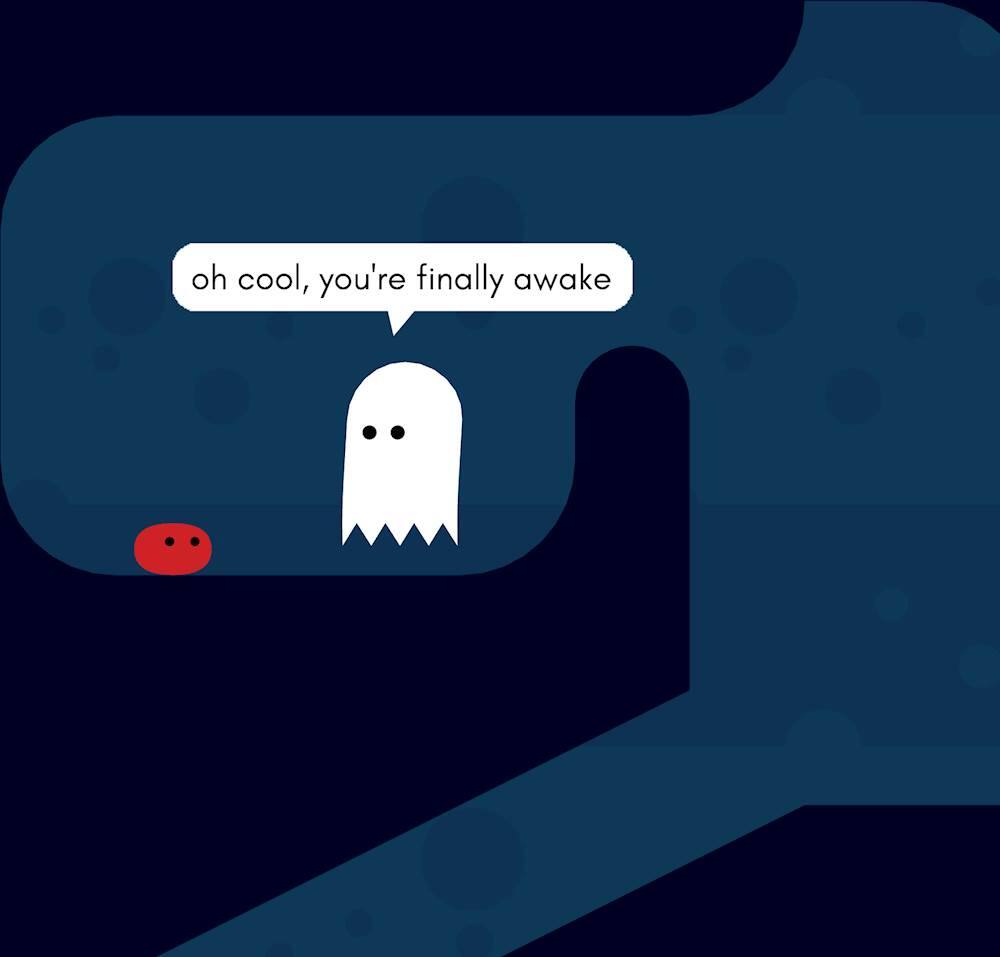 The largest text in the image reads "oh cool, you're finally awake."