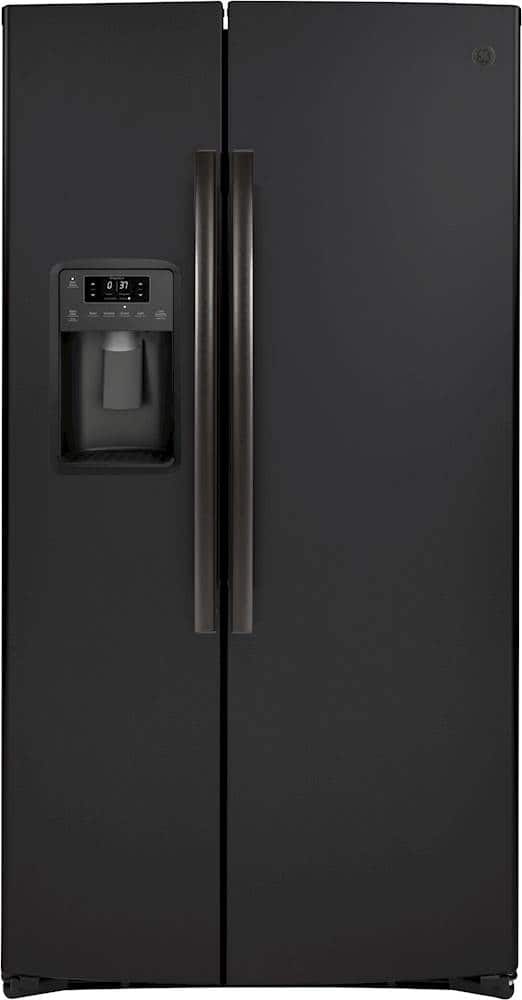 Front. GE - 21.8 Cu. Ft. Side-by-Side Counter-Depth Refrigerator - Black Slate.