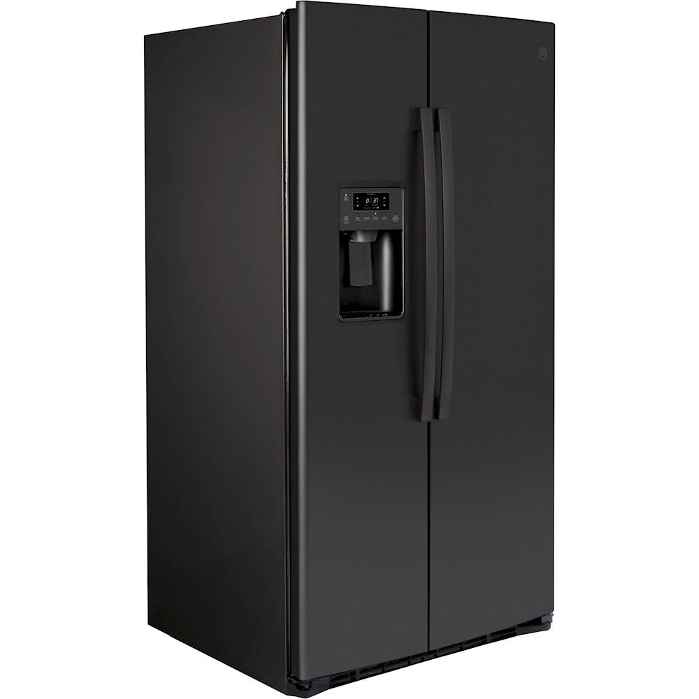 Angle View: GE - 25.1 Cu. Ft. Side-By-Side Refrigerator with External Ice & Water Dispenser - Fingerprint resistant black slate