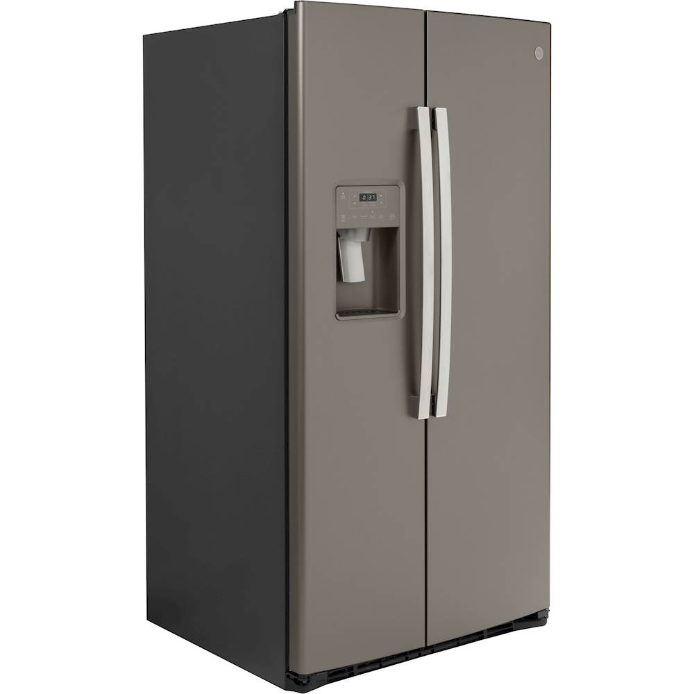 Angle View: GE - 25.1 Cu. Ft. Side-By-Side Refrigerator with External Ice & Water Dispenser - Slate