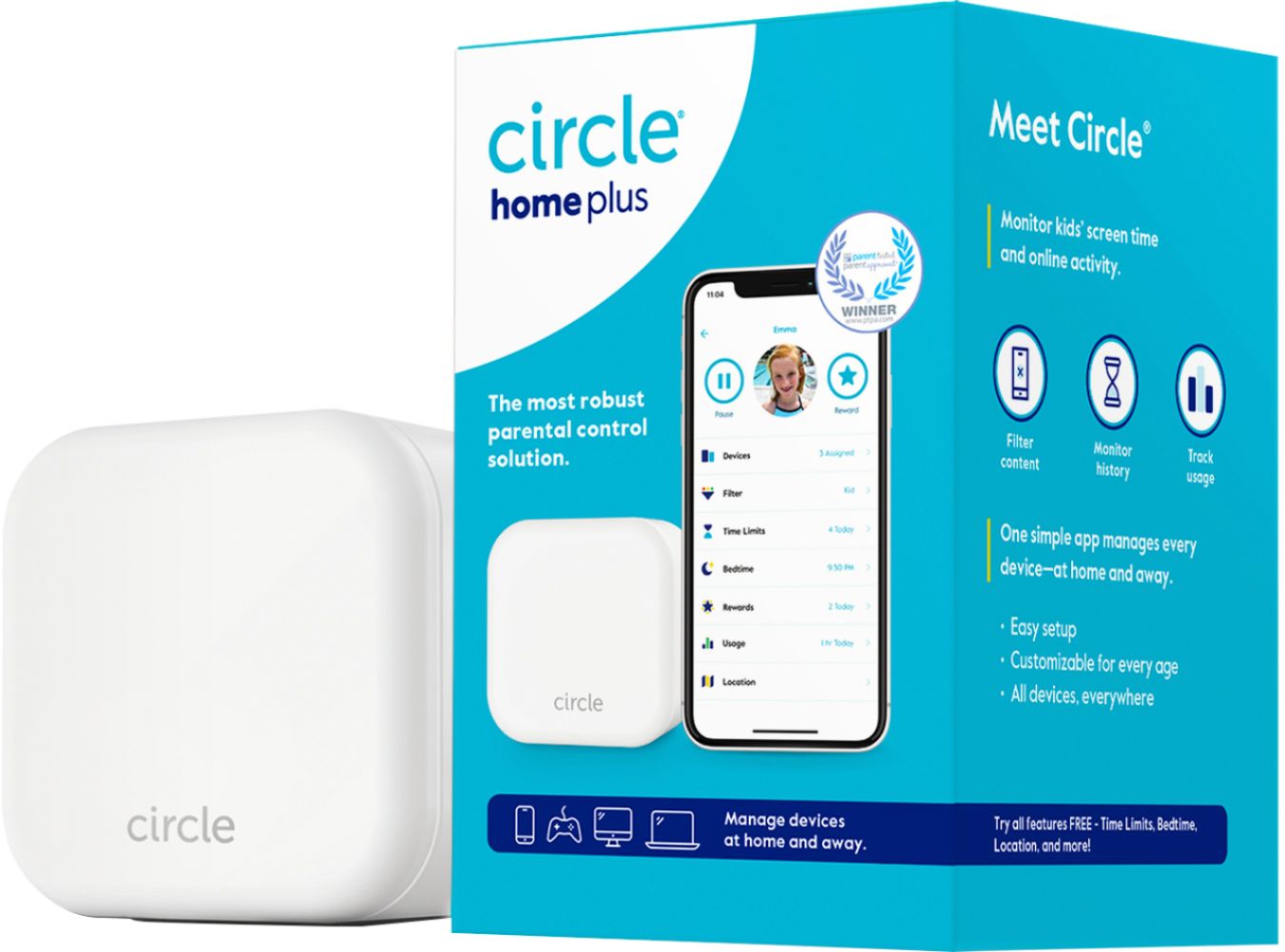 Left View: Circle - Home Plus - Parental Controls - Internet & Mobile Devices - Wifi, Android & iOS - Limit Screen Time - 1-Yr Subscription - White