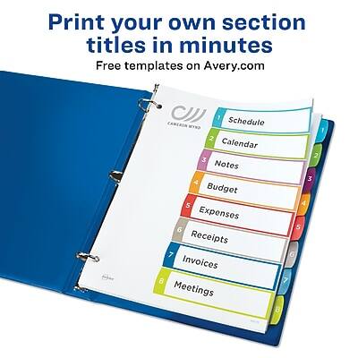 Print your own section titles in minutes  
Free templates on Avery.com  

CAMERON CJJ 1  
Schedule  
Calendar 2  
Notes 3  
Budget 4  
Expenses 5  
Receipts 6  
Invoices 7  
Meetings 8