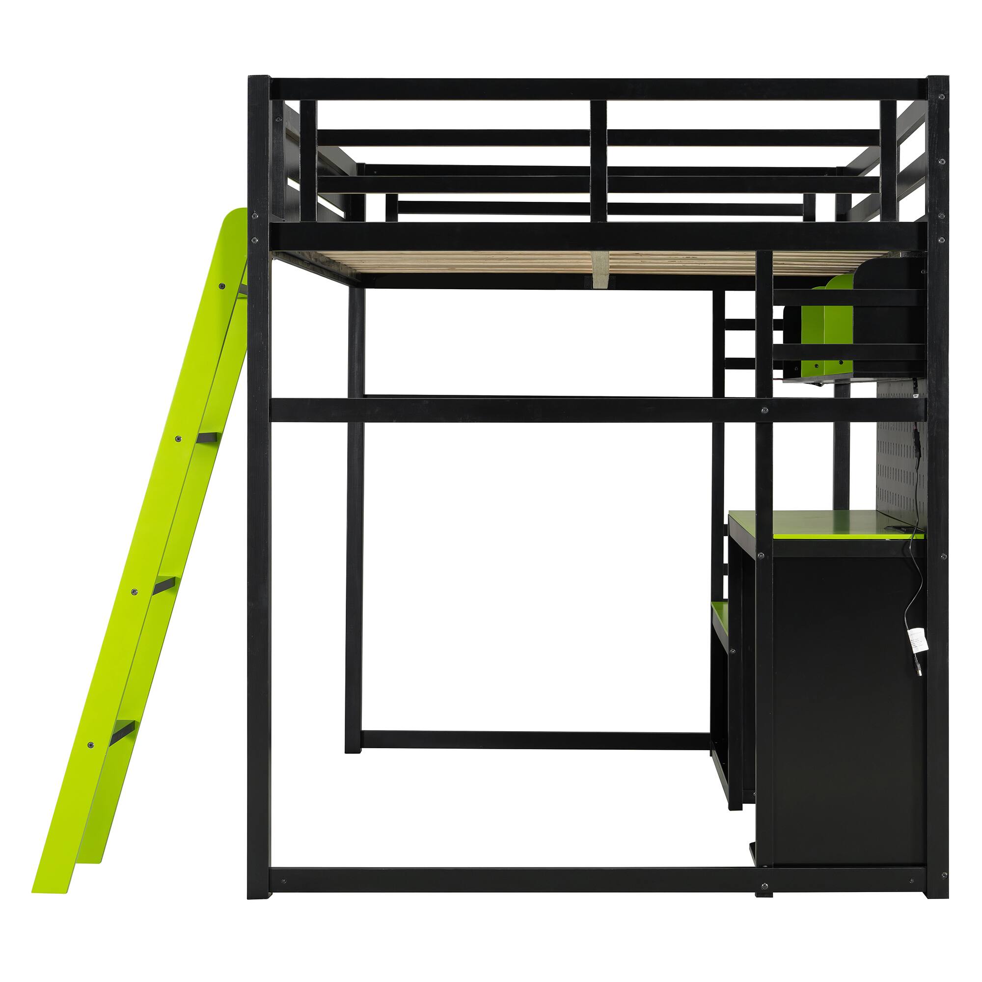 Alt View 2. AENKYO - Space-Saving Noise-Free Toddler Loft Bed with Desk, LED & Pegboard - Green.