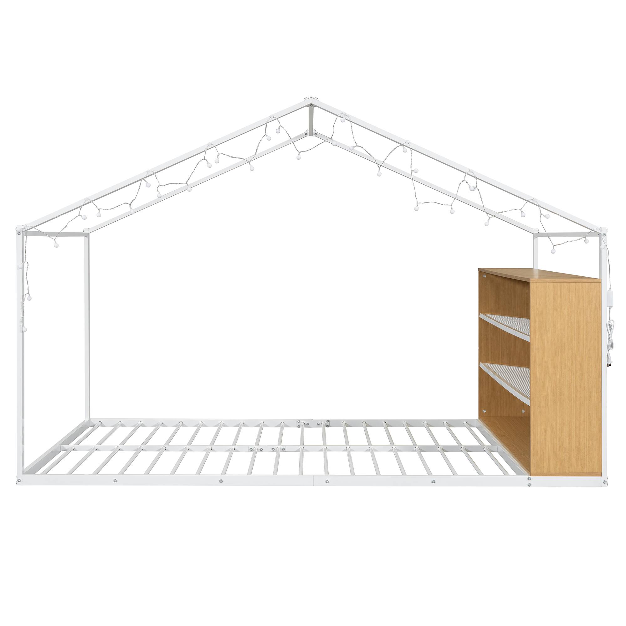 Back. GOODSILO - Full Size Metal House Bed Frame with Shelves and Lights - White.