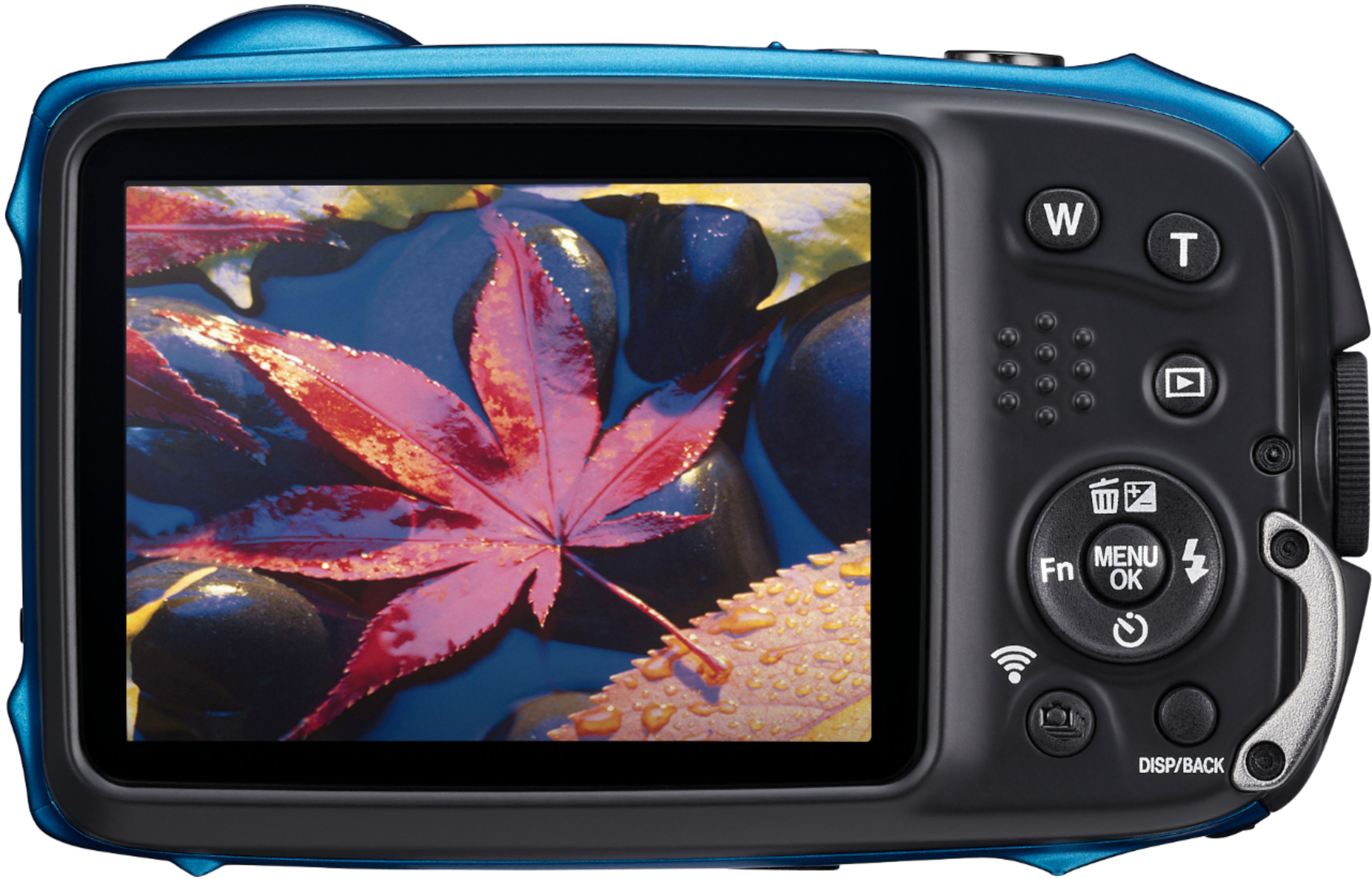 Back View: Fujifilm - FinePix XP140 16.4-Megapixel Waterproof Digital Camera - Sky Blue