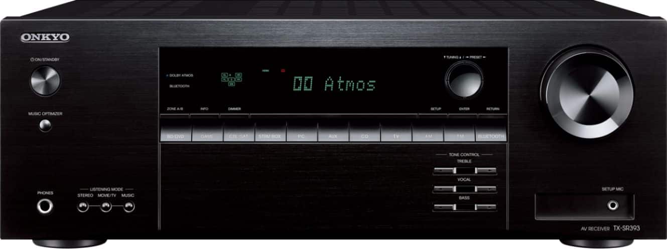 Front. Onkyo - TX 5.2-Ch. with Dolby Atmos 4K Ultra HD HDR Compatible A/V Home Theater Receiver - Black.
