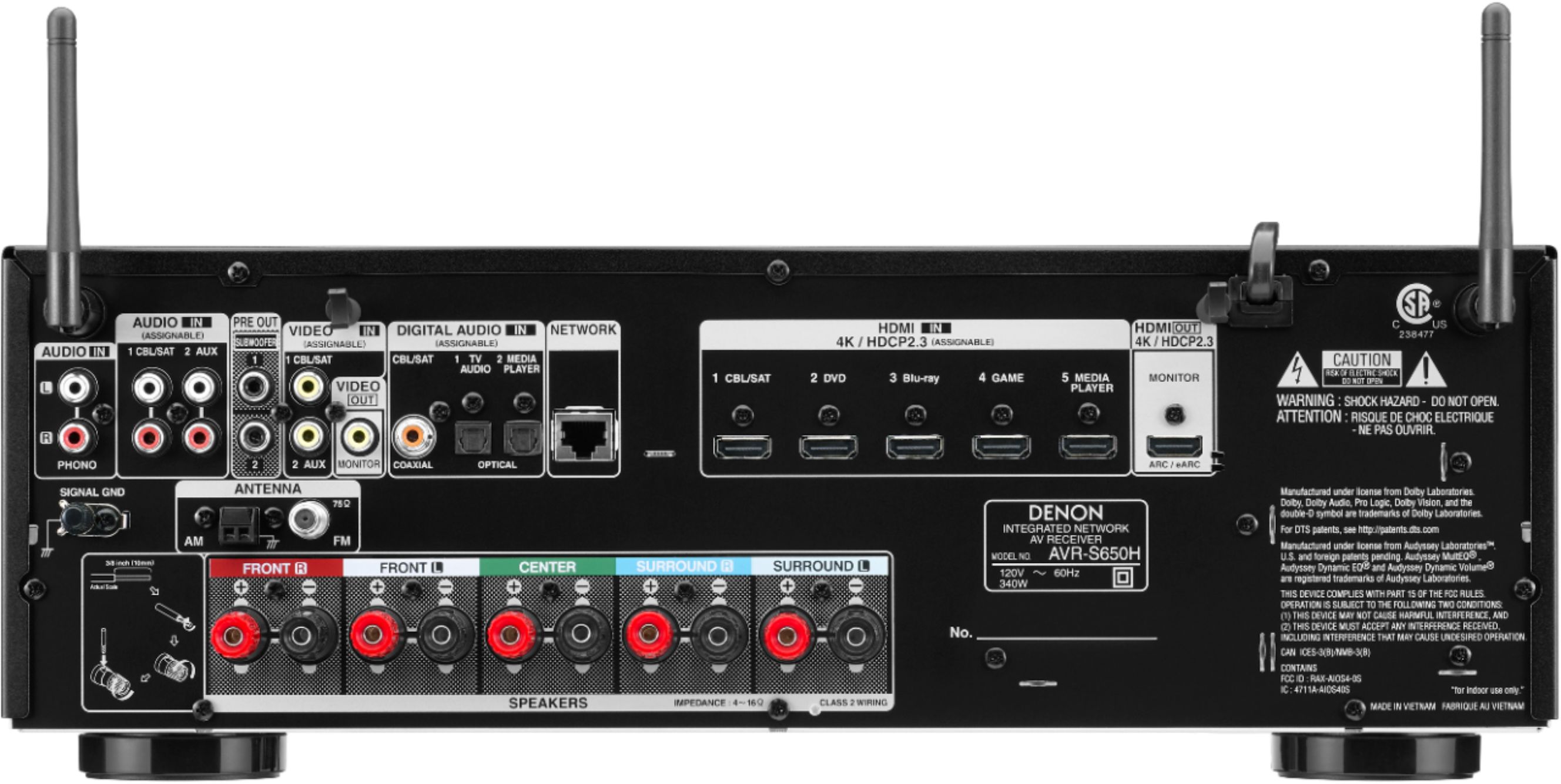 Back View: Denon - AVR-S650H Audio Video Receiver, 5.2 Channel (150W X 5) 4K UHD Home Theater Surround Sound (2019) | Streaming - Black