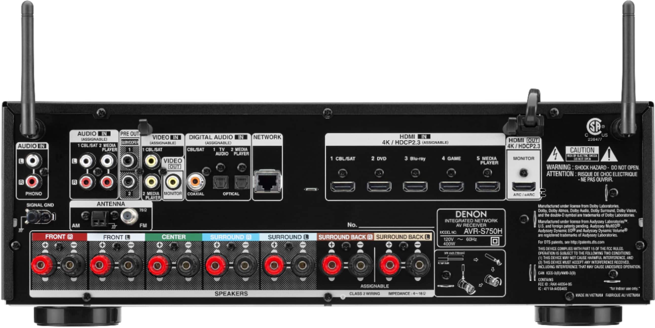 Back. Denon - AVR-S750H (165W X 7) 7.2-Ch. with HEOS and Dolby Atmos 4K Ultra HD HDR Compatible AV Home Theater Receiver with Alexa - Black.