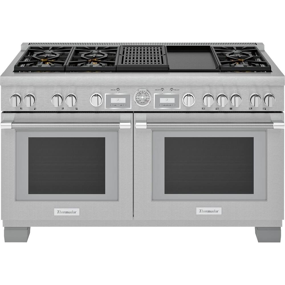 Front. Thermador - ProGrand 10.6 Cu. Ft. Self-Cleaning Freestanding Double Oven Dual Fuel Convection Range - Liquid Propane Convertible - Stainless Steel.
