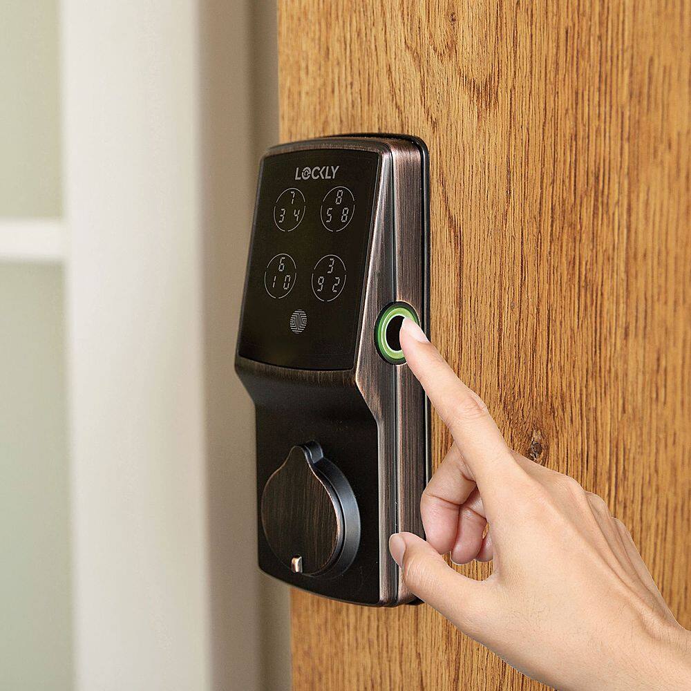 Left. Lockly - Secure Plus Smart Lock Replacement Deadbolt with 3D Biometric Fingerprint/App/Physical Key - Venetian Bronze.