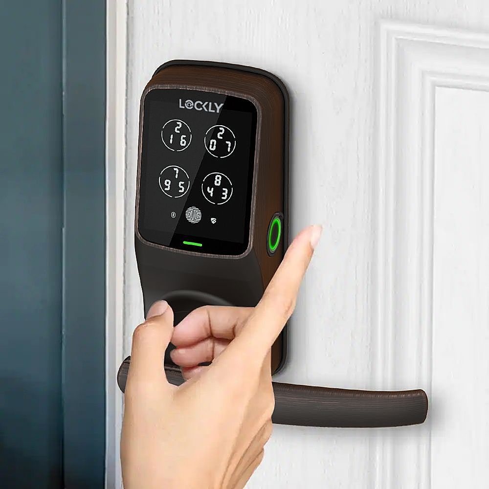Left View: Lockly - Secure Plus Smart Lock Bluetooth Replacement Latch with Touchscreen/Fingerprint Sensor/Key Access/Auto Lock - Venetian Bronze