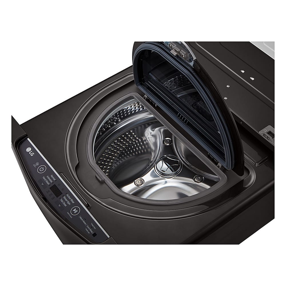 Left. LG - SideKick 1.0 Cu. Ft. High-Efficiency Smart Top Load Pedestal Washer with 3-Motion Technology - Black Steel.