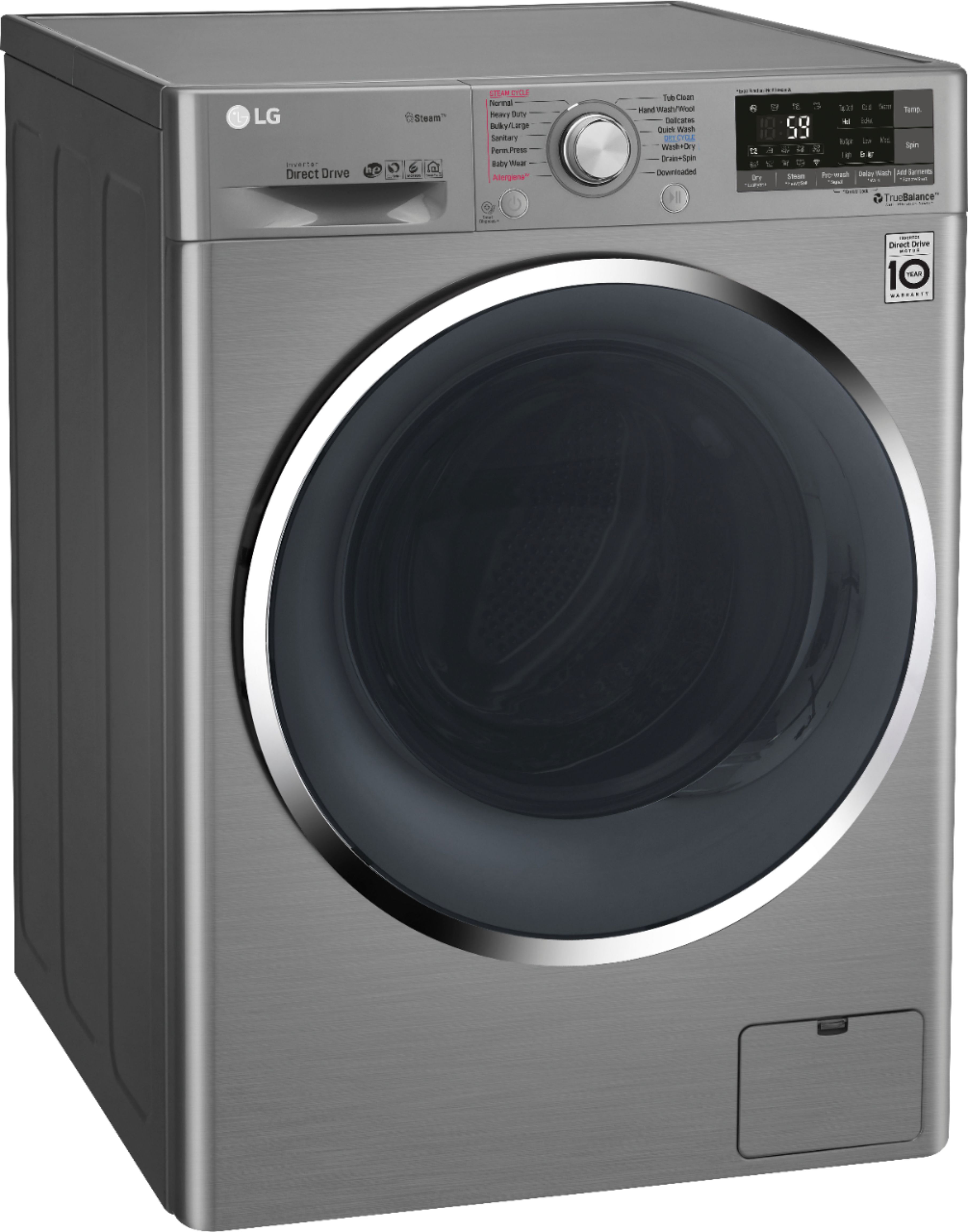 Angle View: LG - 2.3 Cu. Ft. High-Efficiency Smart Front-Load Washer and Electric Dryer Combo with Steam and 6Motion Technology - Graphite Steel