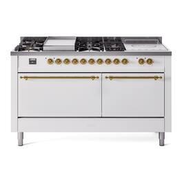 ILVE - Nostalgie II 60 inch Dual Fuel Range with 7 Burners + Griddle (Liquid Propane, White, Brass Trim) - White