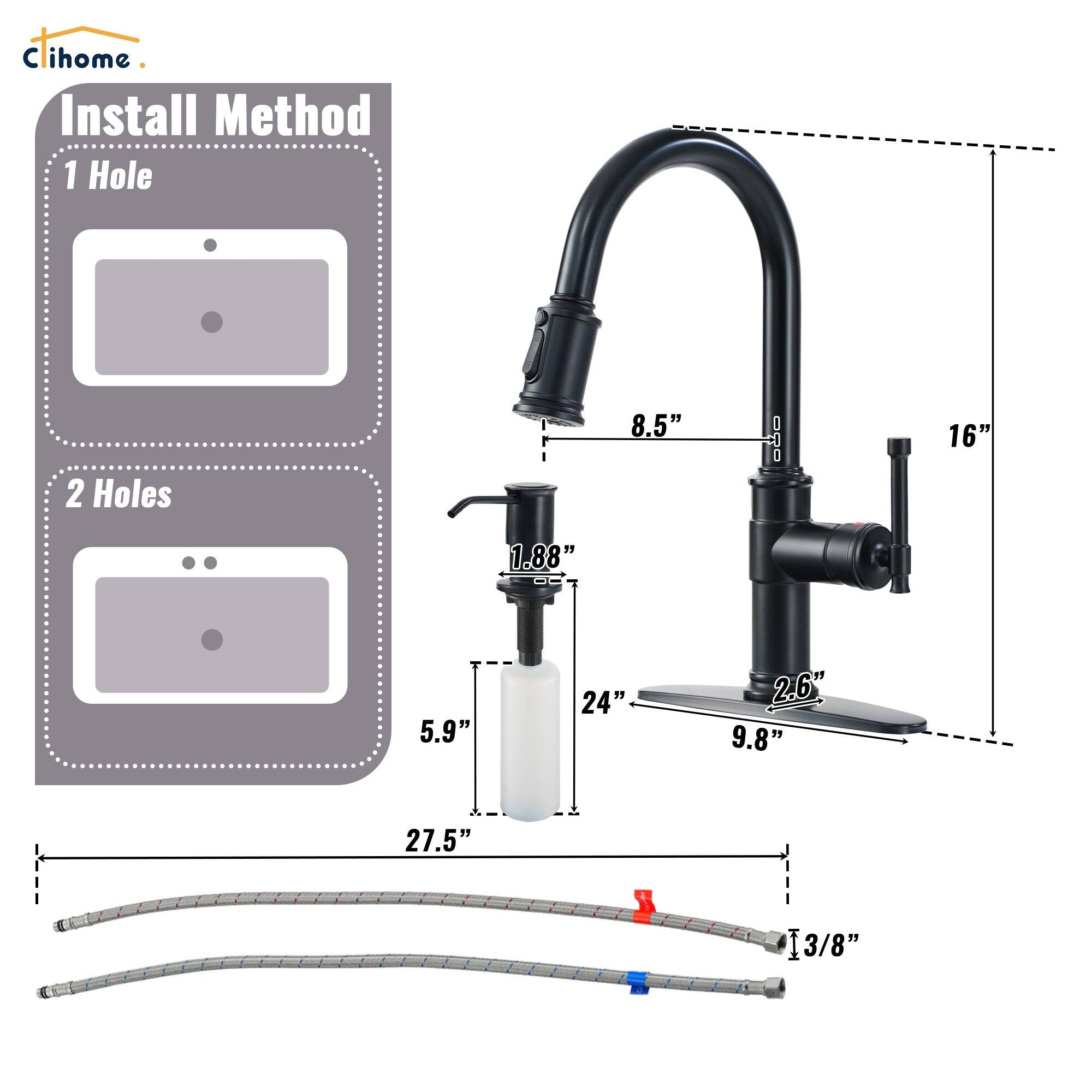 C ihome Install Method 1 Hole 2 Holes 8.5" 16" 1.88" 5.9" 24" 2.6" 9.8" 27.5" 13/8"