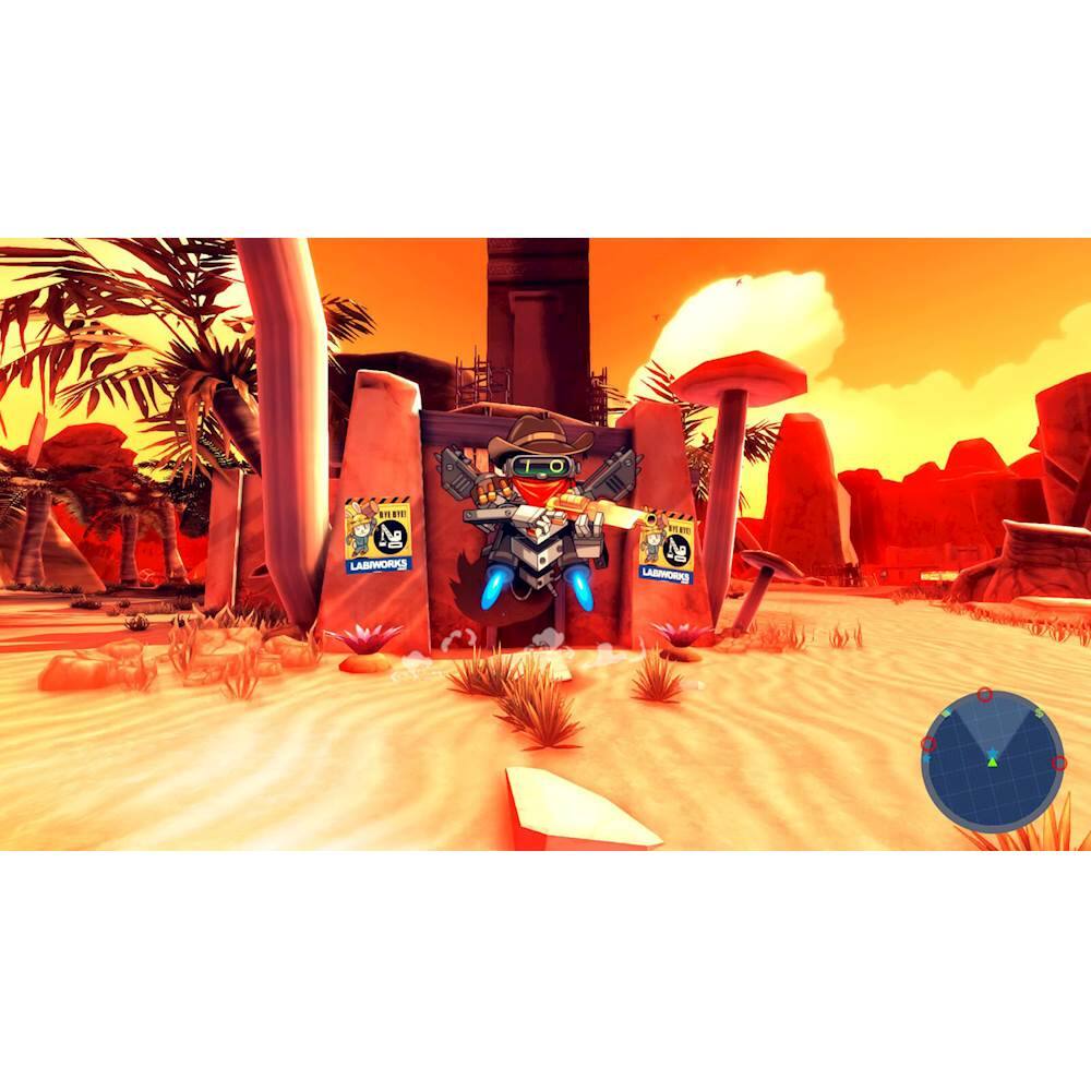 The image features a video game character standing in a desert setting, surrounded by a few rocks and a chair. The character is holding a gun, and there are two signs in the scene. The game appears to be set in a desert environment, possibly with a sci-fi or futuristic theme.