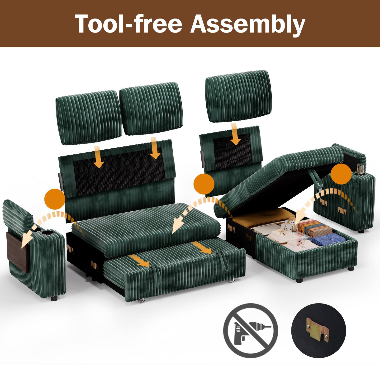 Left. Dyonery - Dyonery 85" Modular Sectional Sleeper Sofa with Pull Out Bed, 3 Seat L Shaped with Reclining Backrest,Corduroy Green - Green.