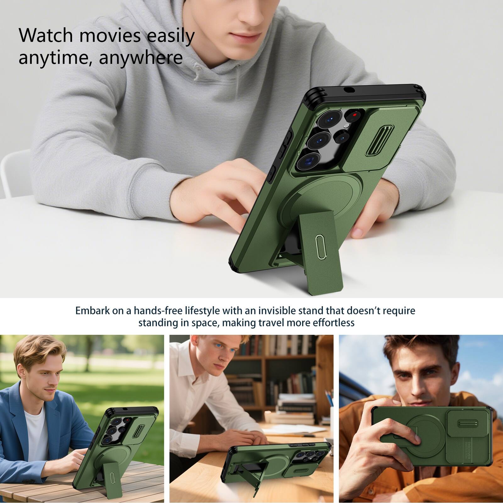 Watch movies easily anytime, anywhere

Embark on a hands-free lifestyle with an invisible stand that doesn't require standing in space, making travel more effortless
