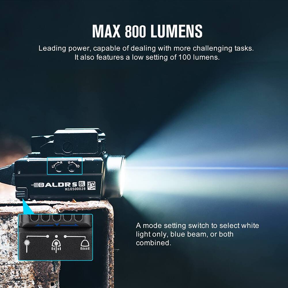 MAX 800 LUMENS  
Leading power, capable of dealing with more challenging tasks. It also features a low setting of 100 lumens.

A mode setting switch to select white light only, blue beam, or both combined.