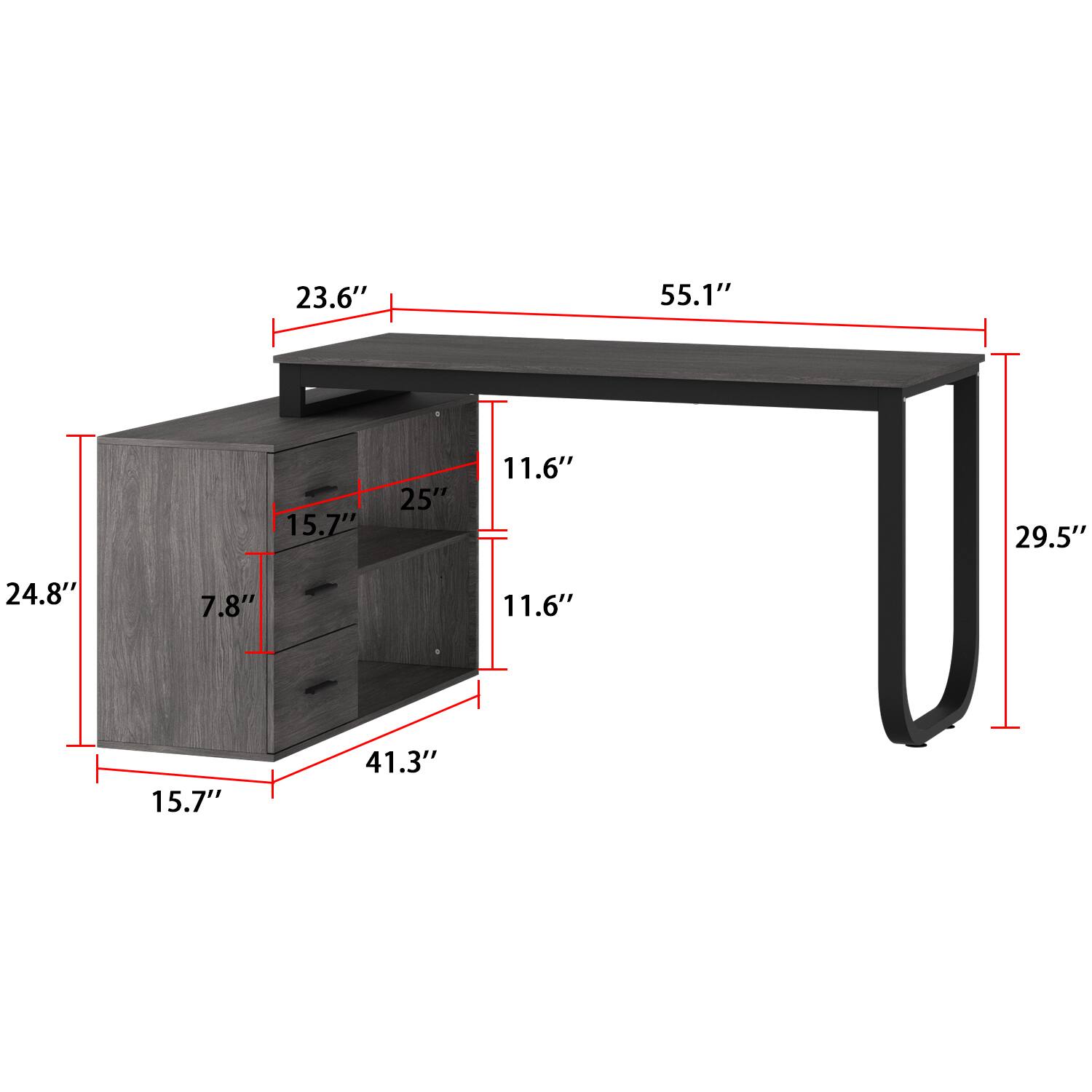 Width: 55.1"
Length: 41.3"
Height: 29.5"
Depth: 24.8"
Drawer width: 15.7"
Drawer height: 11.6"
Drawer depth: 7.8"
Shelf height: 23.6"
Shelf depth: 11.6"