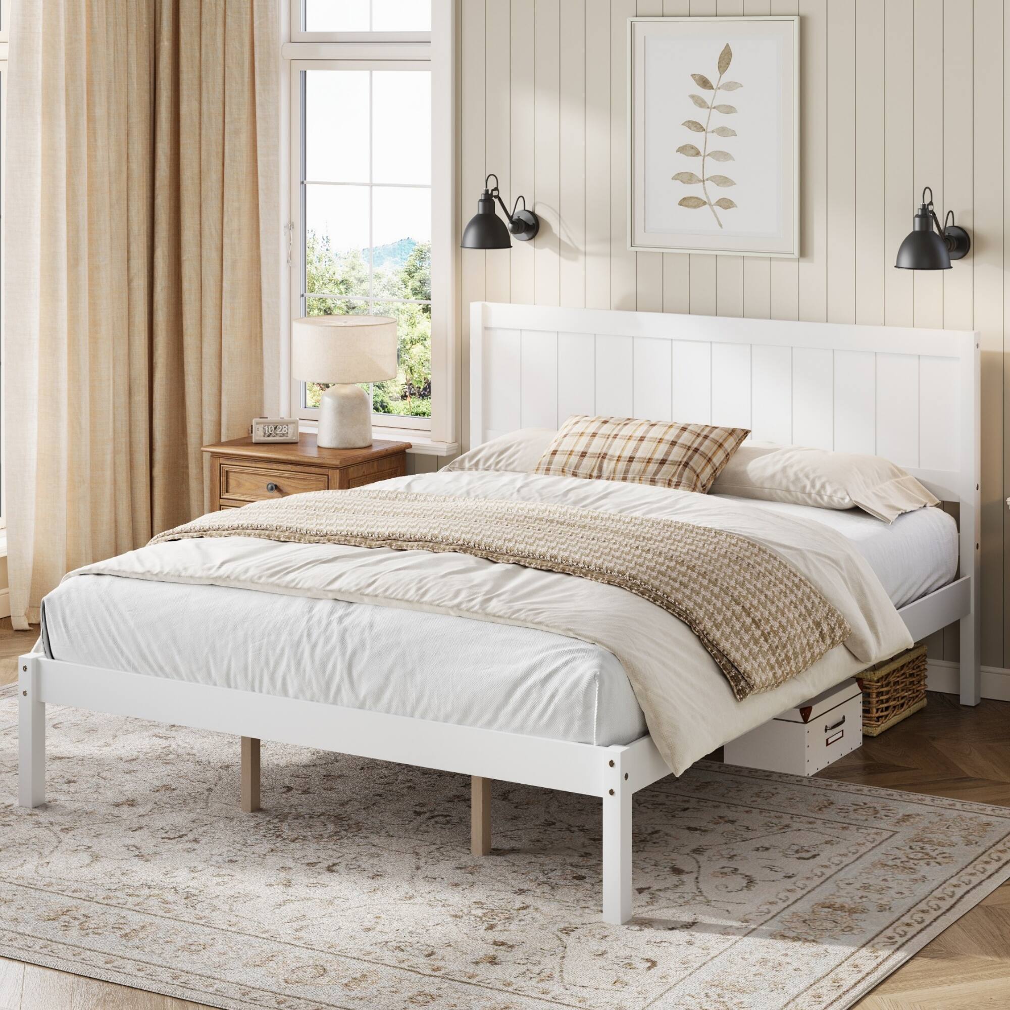 Alt View 2. Whisen - King Size Platform Bed Frame with Headboard, Wood Slat Support, Heavy Duty Pine Wood Bed Base - White.