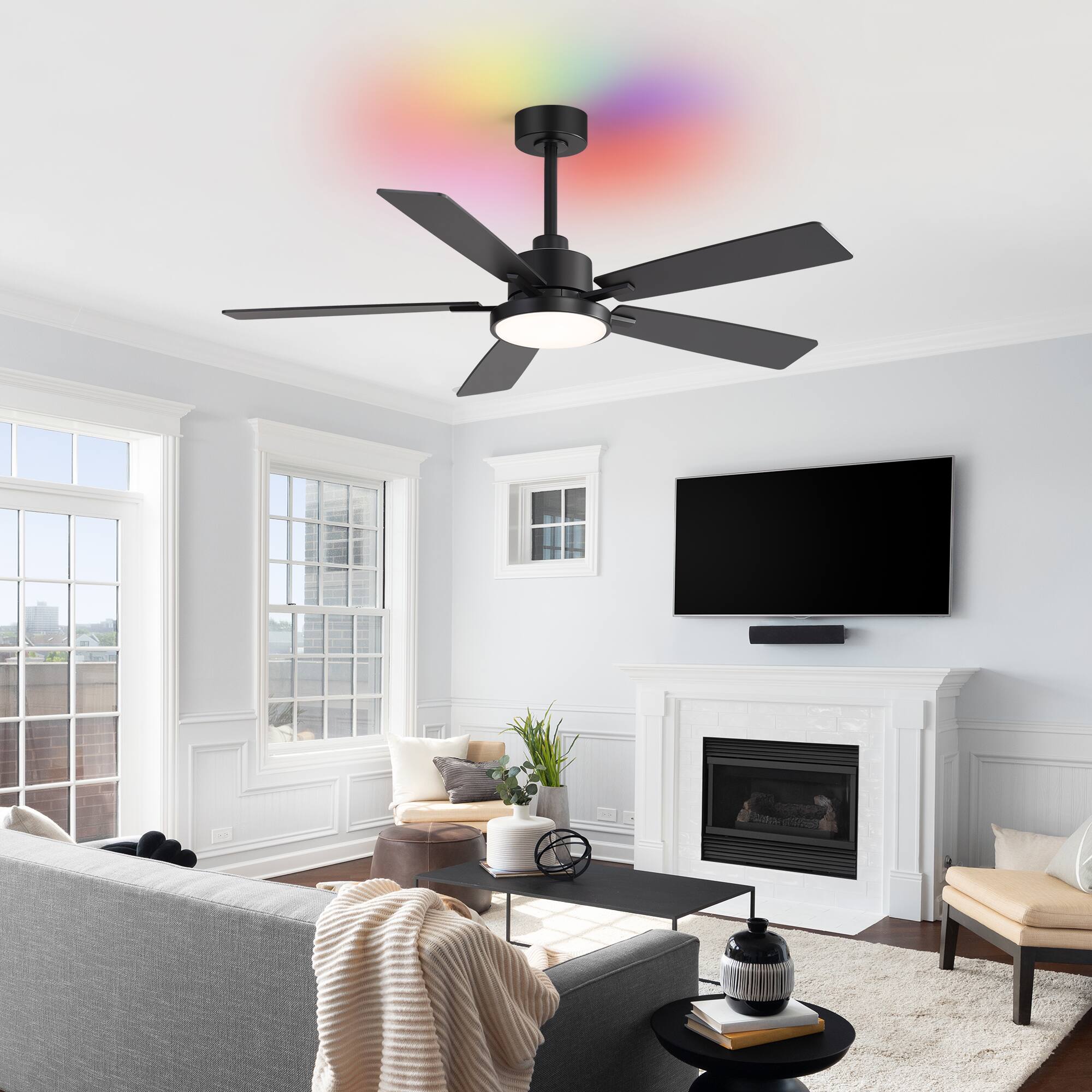 Back. Breezary - 52 Inch Smart Bluetooth RGB Backlight Ceiling Fans with Lights and Remote, 6 Speeds, 5 Plywood Blades, 5" & 10" Downrods - black.