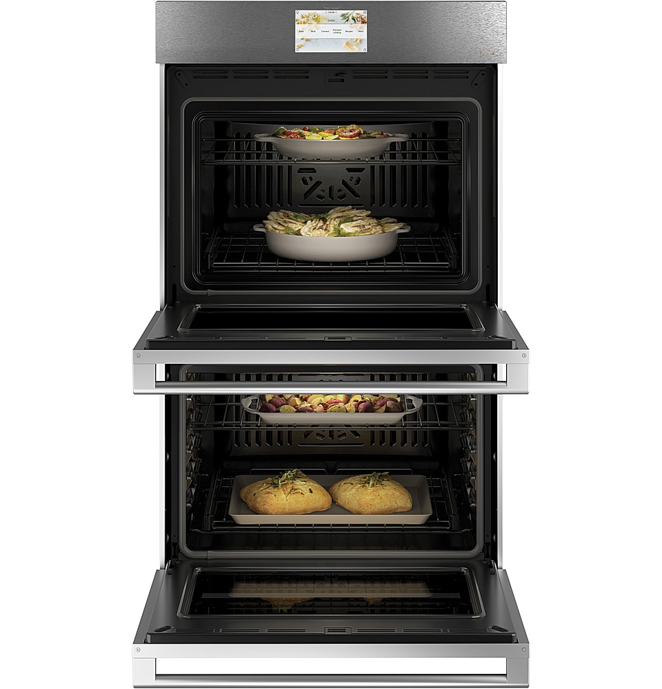 Left View: Café - Modern Glass 30" Built-In Double Electric Convection Wall Oven - Platinum glass