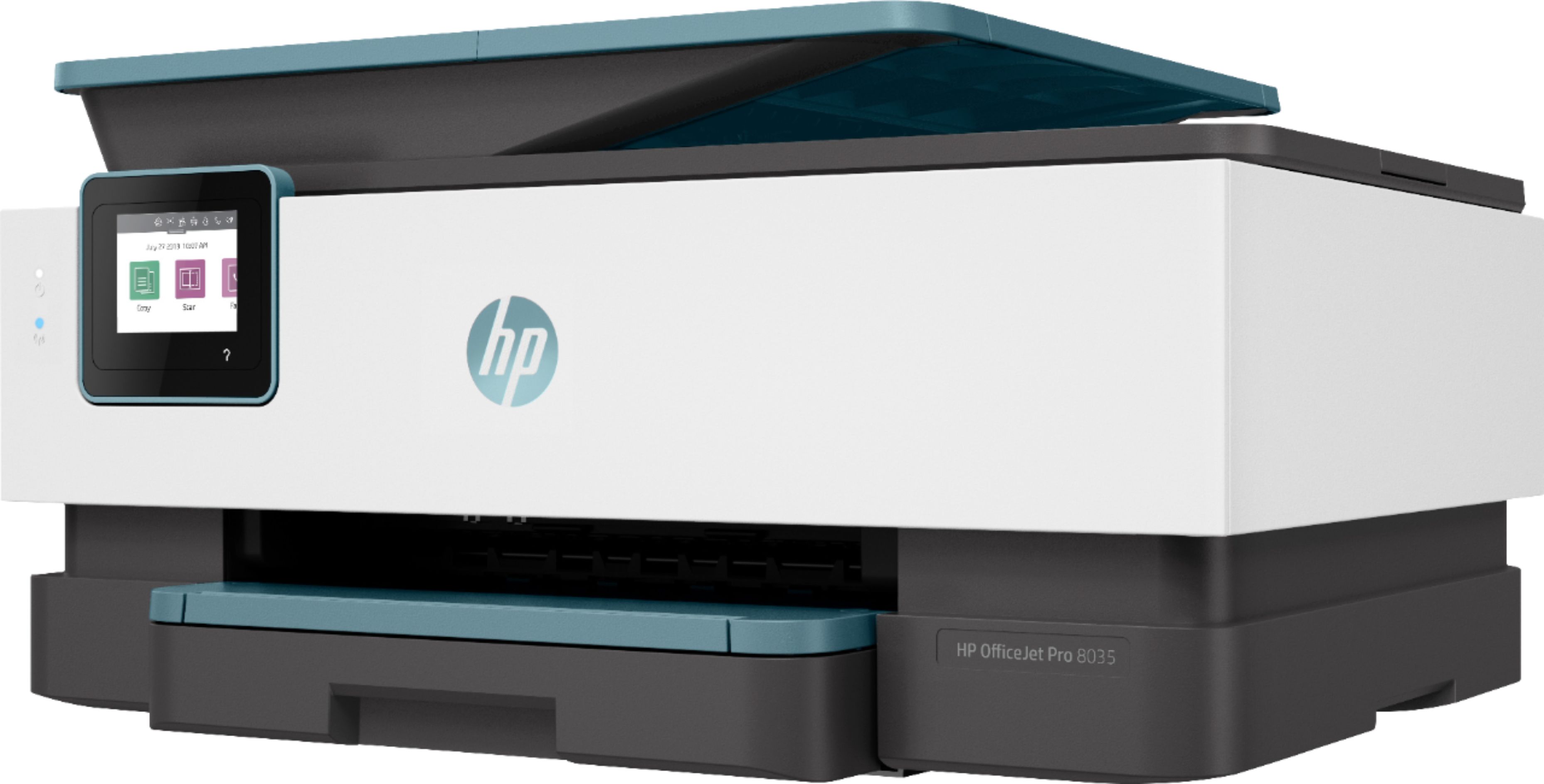 Left View: HP - OfficeJet Pro 8035 Wireless All-In-One Instant Ink Ready Inkjet Printer - Oasis/White/Gray