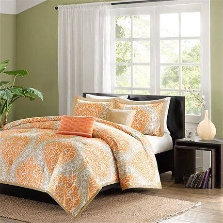 Angle. Hivvago - Twin size 4-Piece Orange White Damask Print Comforter Set - Orange ,White.
