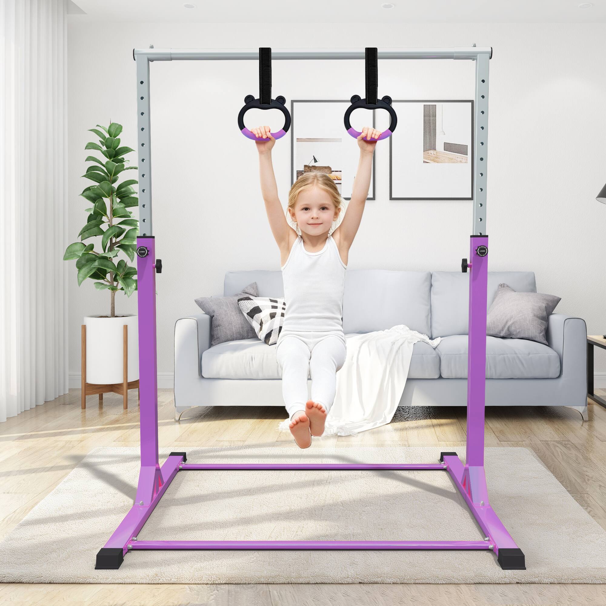 Angle. Ainfox - Ainfox Gymnastics Bar for Kids Adjustable Height with Pull Rings Training Horizontal Bars for Home - Purple.